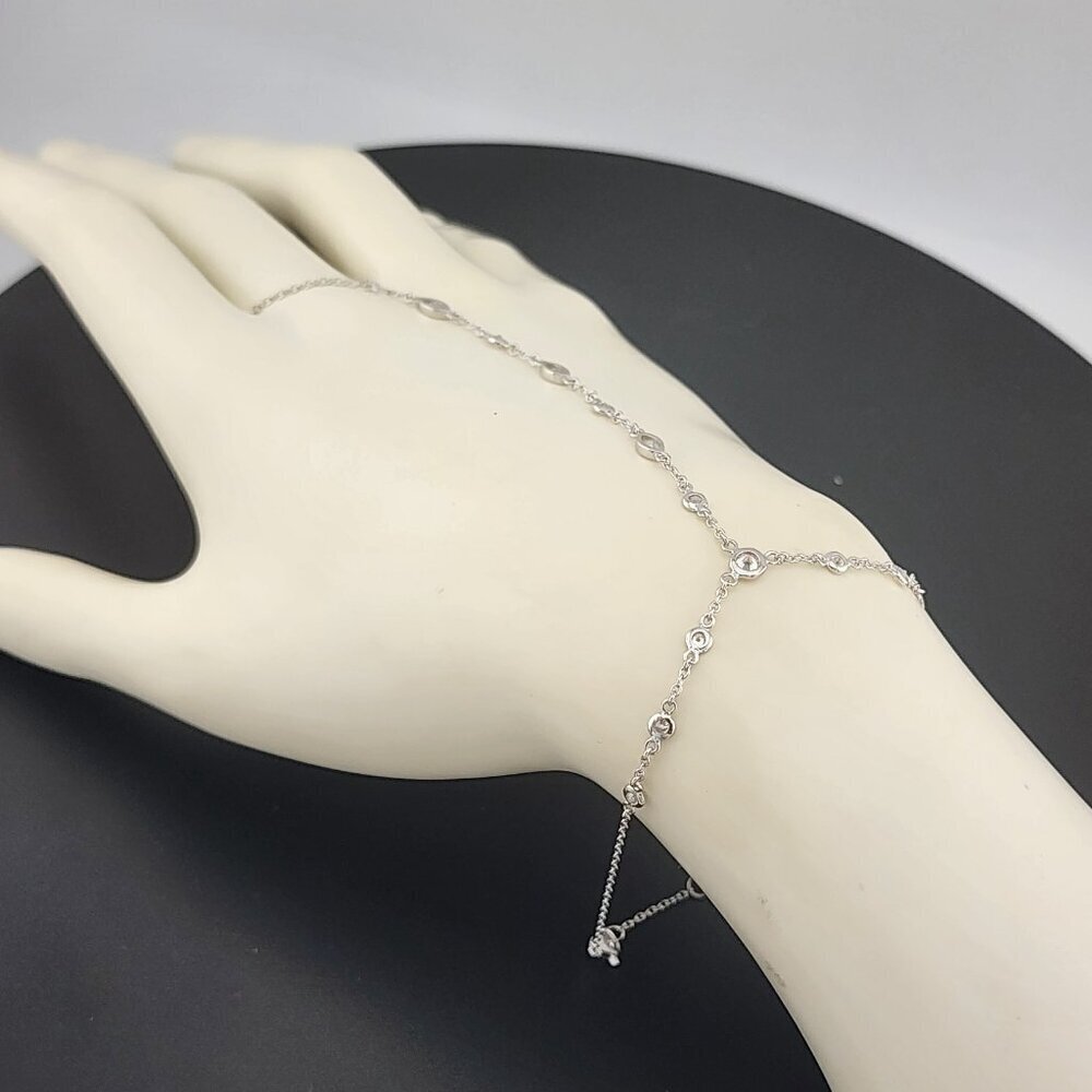 925 Silver Gemstone Hand Chain Bracelet with Ring – Round & Oval Stones - Picture 12 of 13